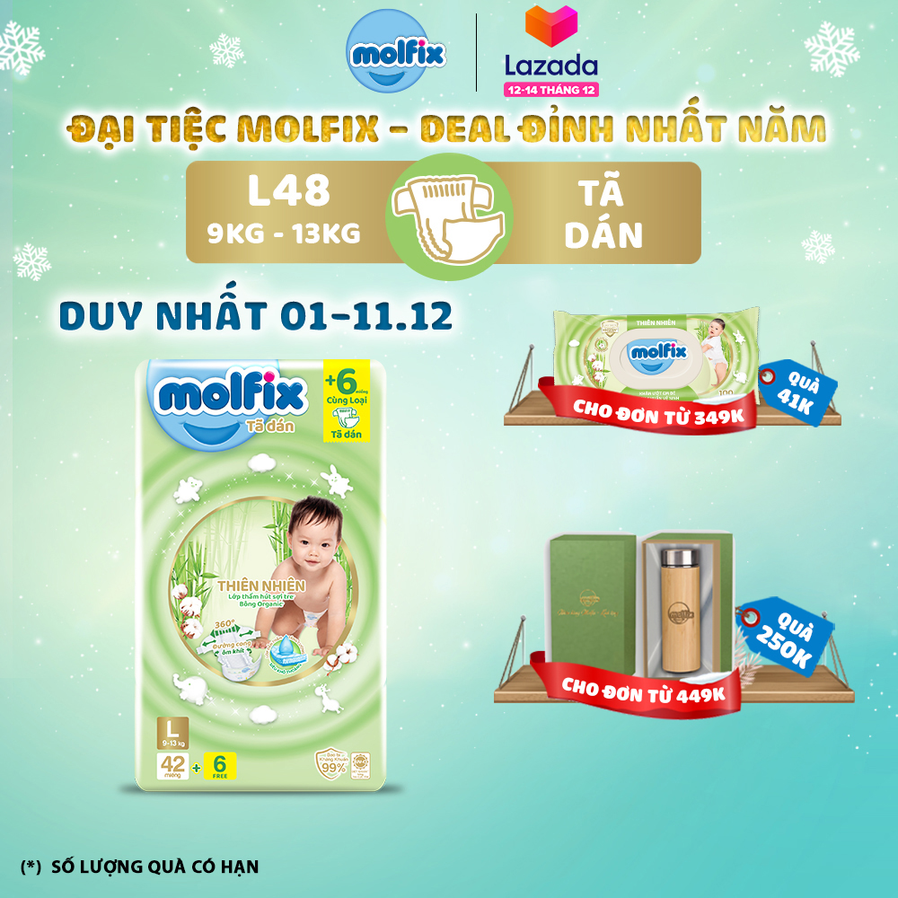 [Đơn 399K Tặng 2 miếng tã quần size L ] Tã/bỉm dán Molfix Thiên nhiên Jumbo L (9kg - 13kg) - Gói 42+6 miếng