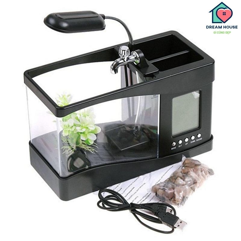 Bể cá mini usb để bàn AQUARIUM, bể cá mini phong thủy cho gia đình và văn phòng, bể cá mini Sử Dụng Màn Hình LCD: hiển thị đồng hồ, lịch, báo thức, nhiệt độ