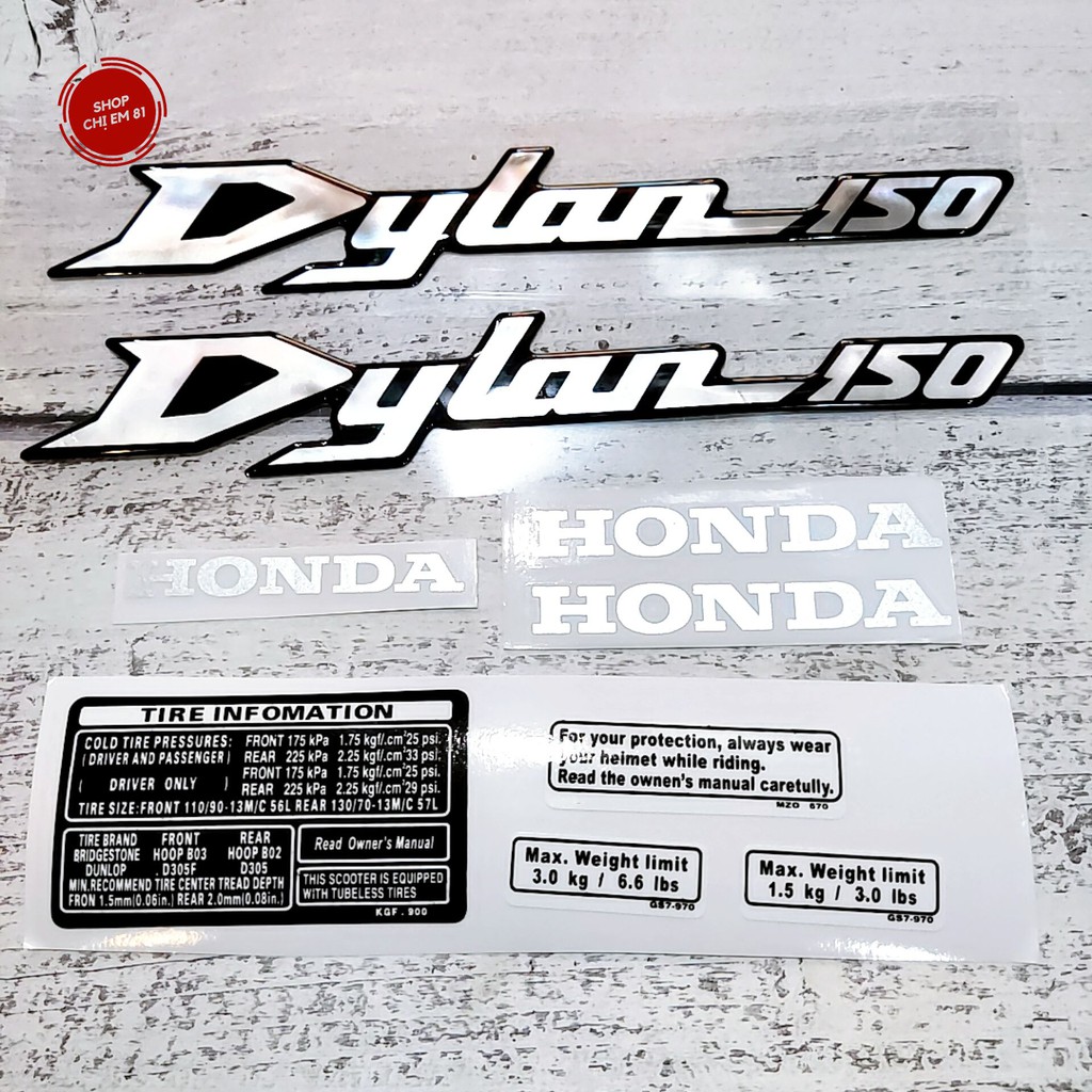 Tem decal nổi DYLAN 150 kèm thông số như hình