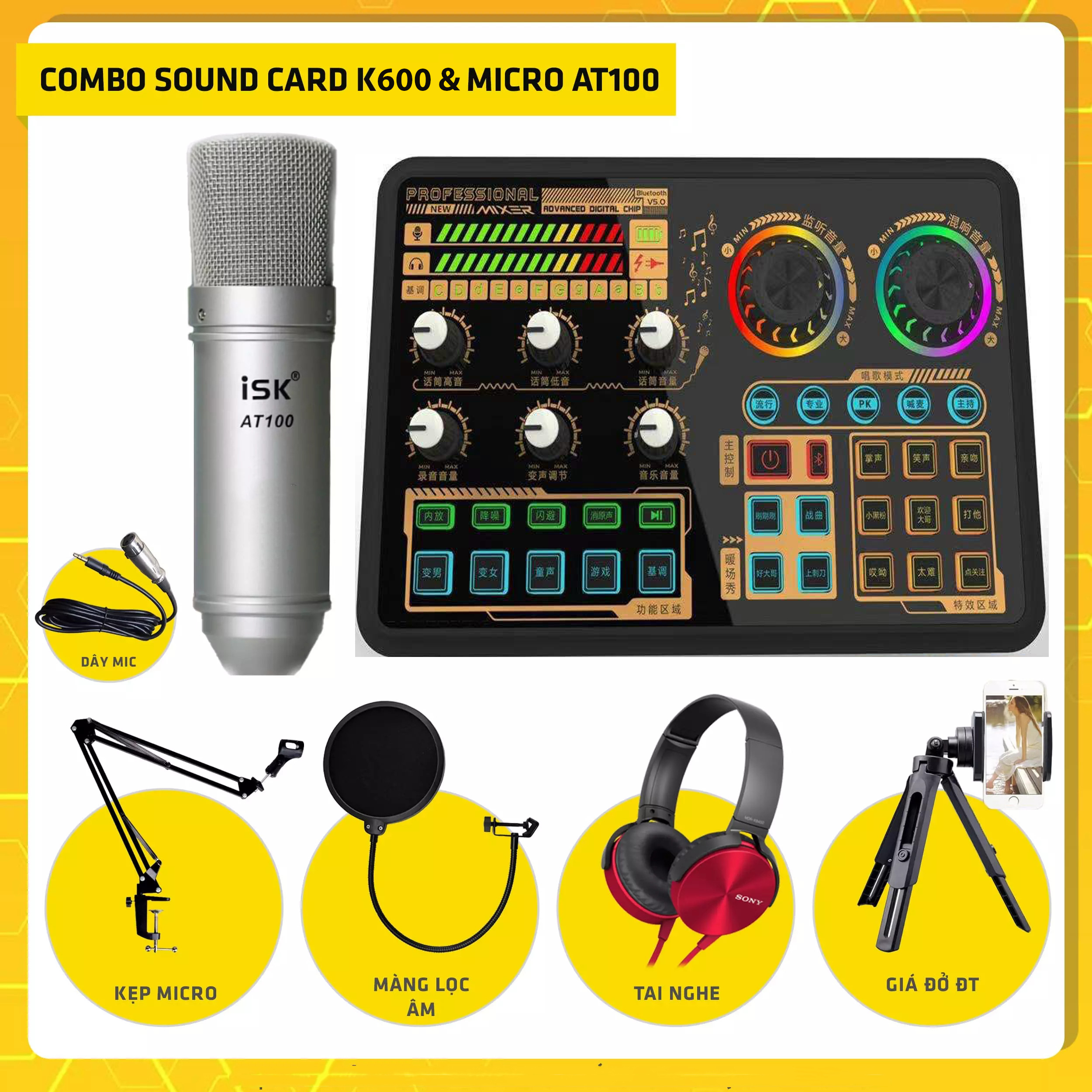 Combo Sound Card K600 Phiên Bản Mới 2021 + Kèm Mic ISK AT100 -  Tích Hợp Đầy Đủ Tính Năng Cơ Bản Để Hát Karaoke Online, Livestream Như Điều Chỉnh Âm Lượng Micro, Âm Lượng Giọng Hát, Tiếng Bass, Treble Dễ Sử Dụng