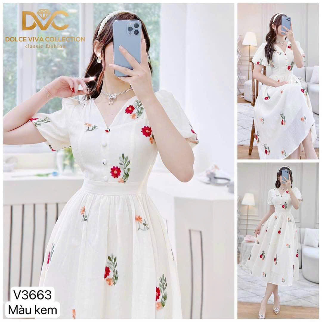 Đầm xốp hoa tay phồng nút bọc đầm hoa tay ngắn cổ tim dáng xòe cực xinh đẹp sang trọng