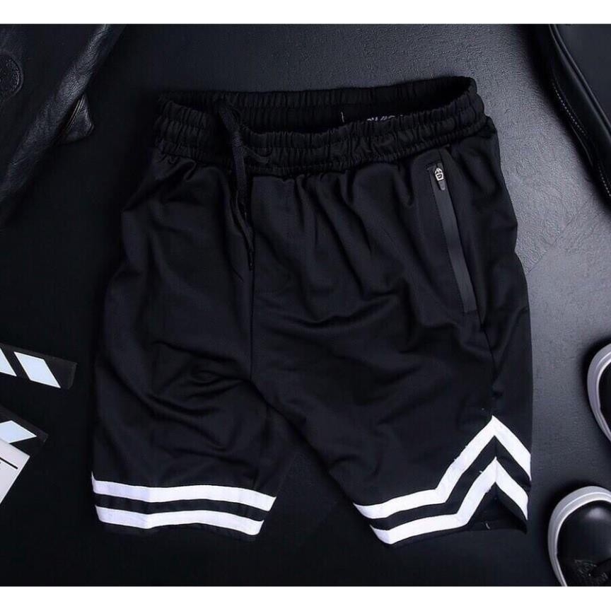 ★ XẢ KHO ★ Quần short 2v unisex form rộng vải thun poly 2 da 4 chiều đen - Quần short v line thể thao lưng thun ống rộng S0