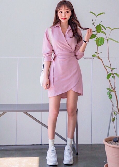 Đầm sơ mi hồng đắp tà v2 (kèm hình thật)