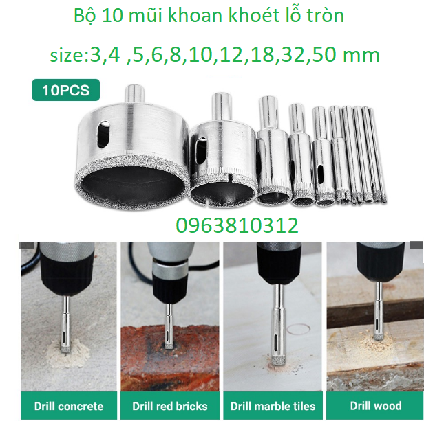 Bộ 10 Mũi khoan kính phi 3-50mm