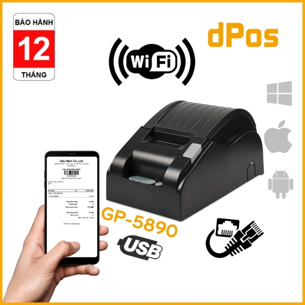 Máy in hoá đơn K58 dPos XP58IIH GP5890XIII USB LAN WIFI in bill tính tiền POS từ các phần mềm bán hàng khổ giấy 58mm