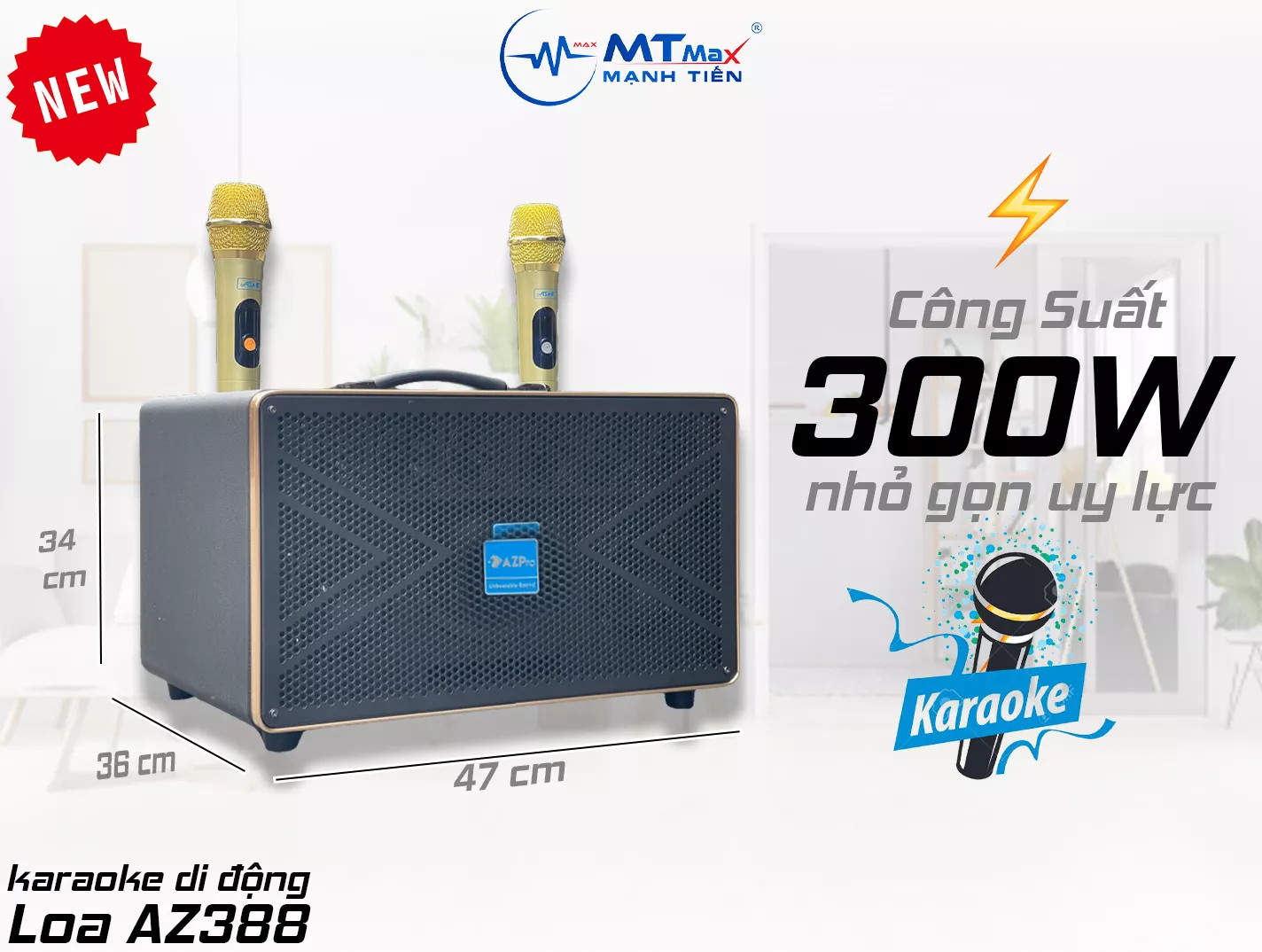 Loa di động AZPRO AZ 388 karaoke CHẤT LƯỢNG CAO thêm 2 Micro không dây kim loại thiết kế mạnh mẽ vỏ gỗ bọc da tổng hợp, sang trọng, loa bass chắc, âm thanh hơn hẳn các loa ngang tầm giá.