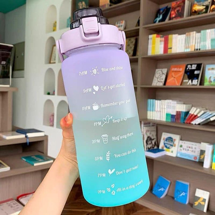 Bình nước cute 2L có ống hút, vạch chia nhắc giờ, Bình nước giữ nhiệt 2 lít tiện lợi