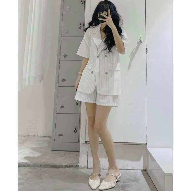 Set blazer kẻ trắng đen/ set vest sọc/ đồ công sở