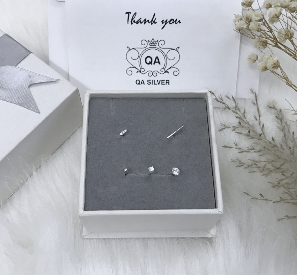 Set bông tai bạc 925 nụ 5 món khuyên đính đá nam nữ unisex S925 MINIMAL QA SILVER Earrings EA200413