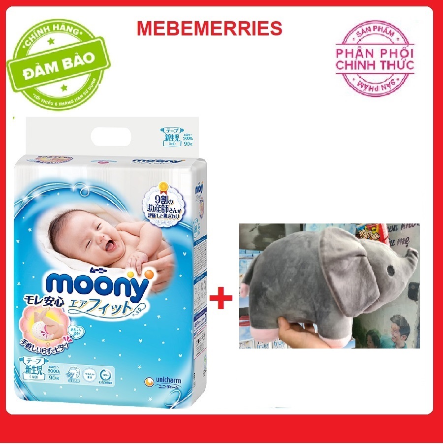 Tã Dán Moony NB90/S84/M64/L54 Tặng voi