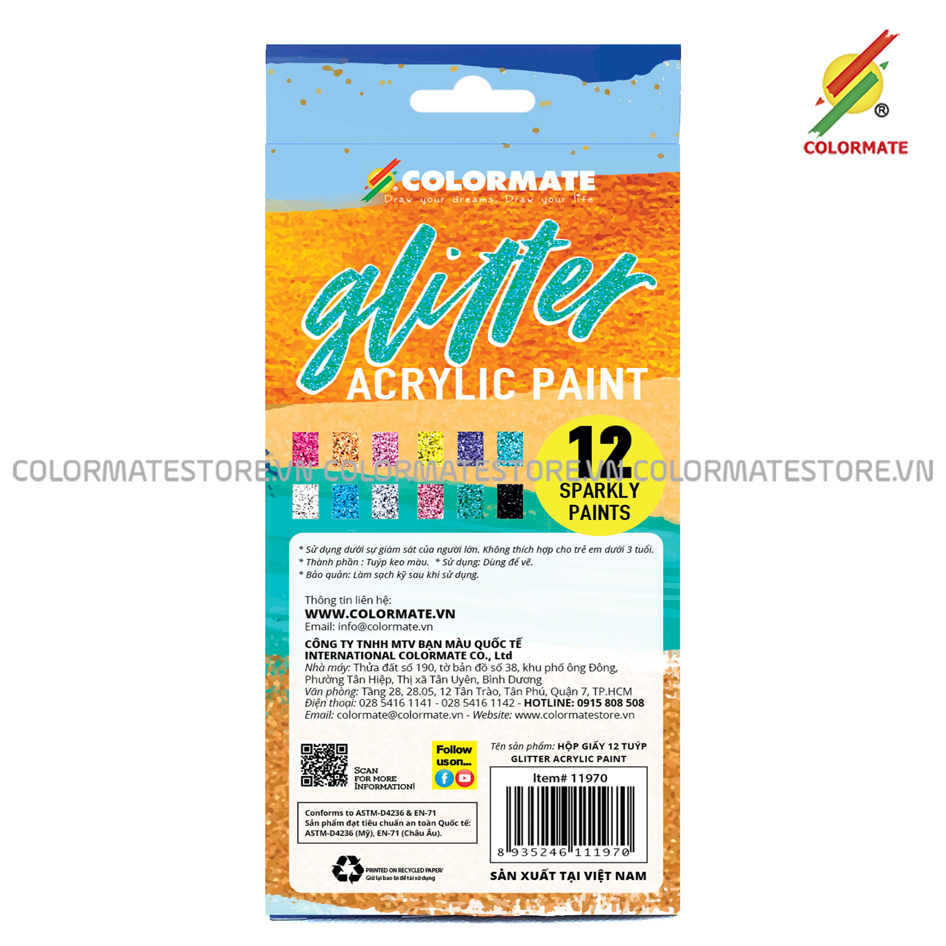 Hộp Giấy 12 Tuýp Glitter Acrylic Paint