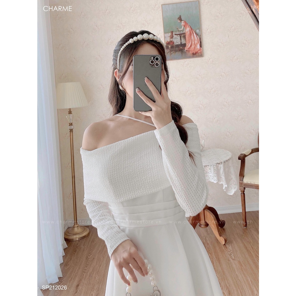 Váy dài tay tiểu thư charme 212026 - thiết kế trễ vai xếp eo tôn dáng sang chảnh