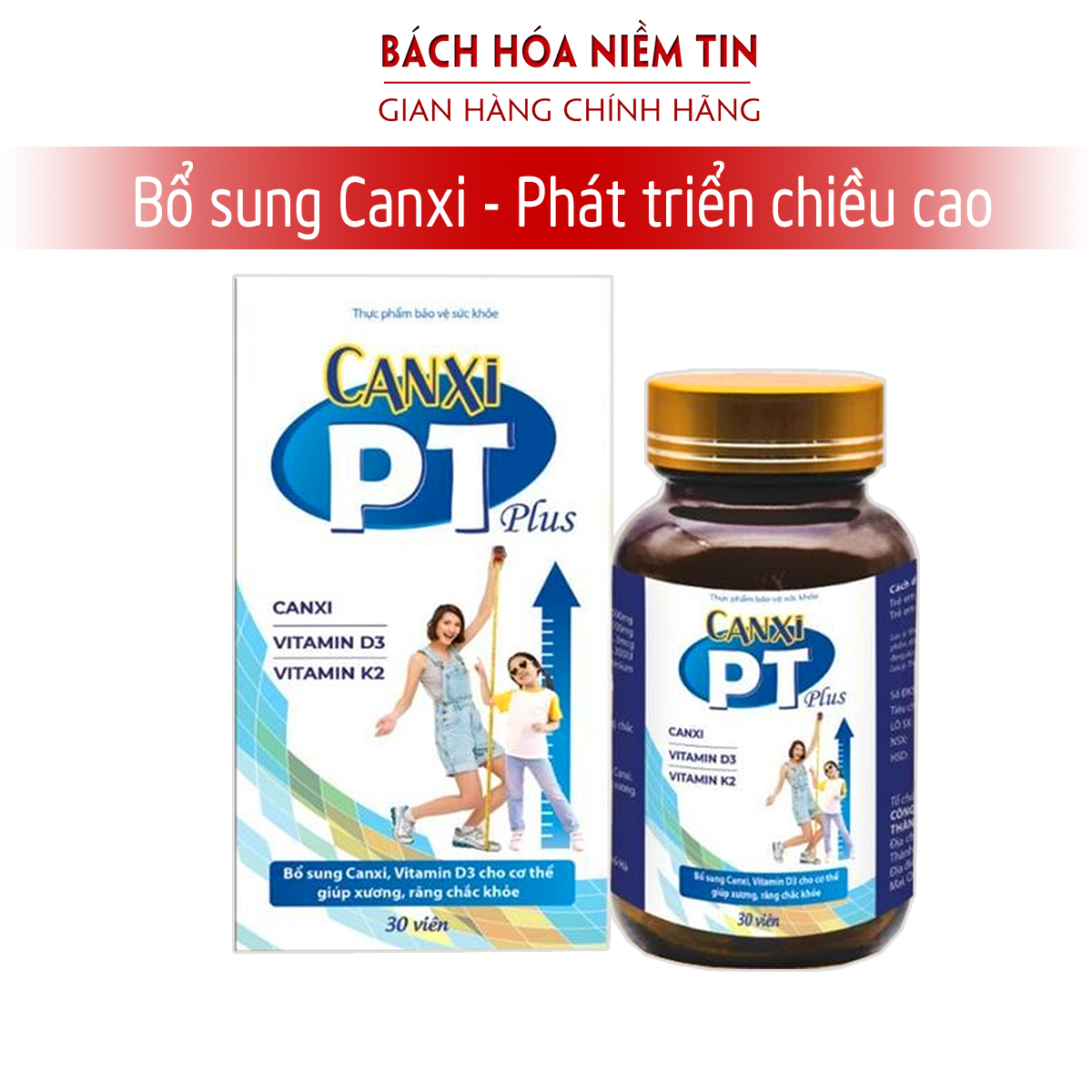 Viên uống canxi PT Plus - bổ sung canxi từ vỏ sò, tảo biển cho bà bầu, trẻ em cần phát triển chiều cao, người già ngừa loãng xương - Hộp 30 viên chuẩn GMP