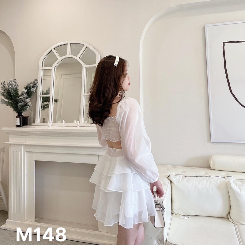 Đầm voan chiffon hở eo kèm dây có mút ngực M148