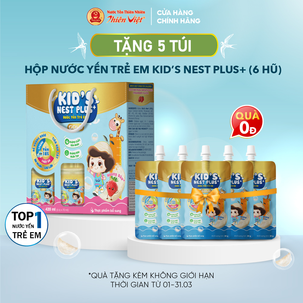 Yến Sào Cho Bé Hộp 6 Hũ Kid's Nest Plus+ GOLD Hỗ Trợ Sức Khỏe Trẻ Ăn Ngon Cao Lớn (6 hũ x 70ml)