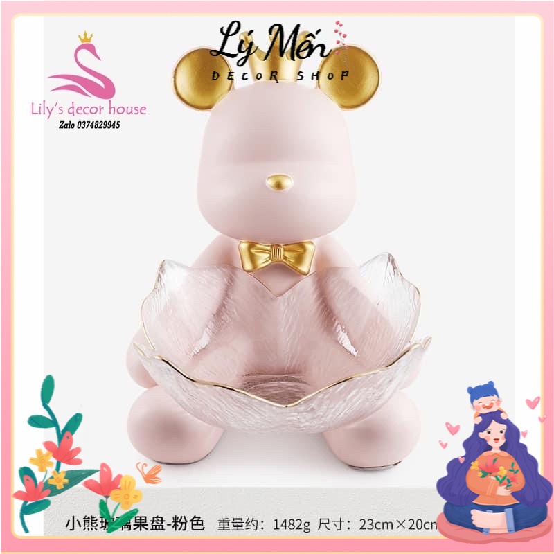 [HCM sẵn] Tượng gấu ôm tô cánh sen đựng chìa khóa trái cây mỹ phẩm bánh kẹo  trang trí bàn trà  phòng khách quà tặng decor