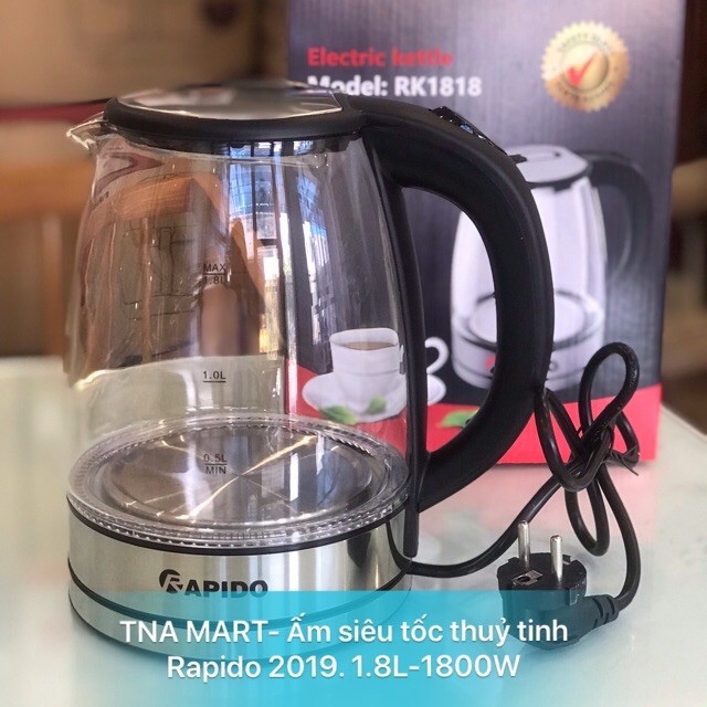 Ấm siêu tốc, ấm thuỷ tinh Rapido 1,8l bảo hành 12 tháng