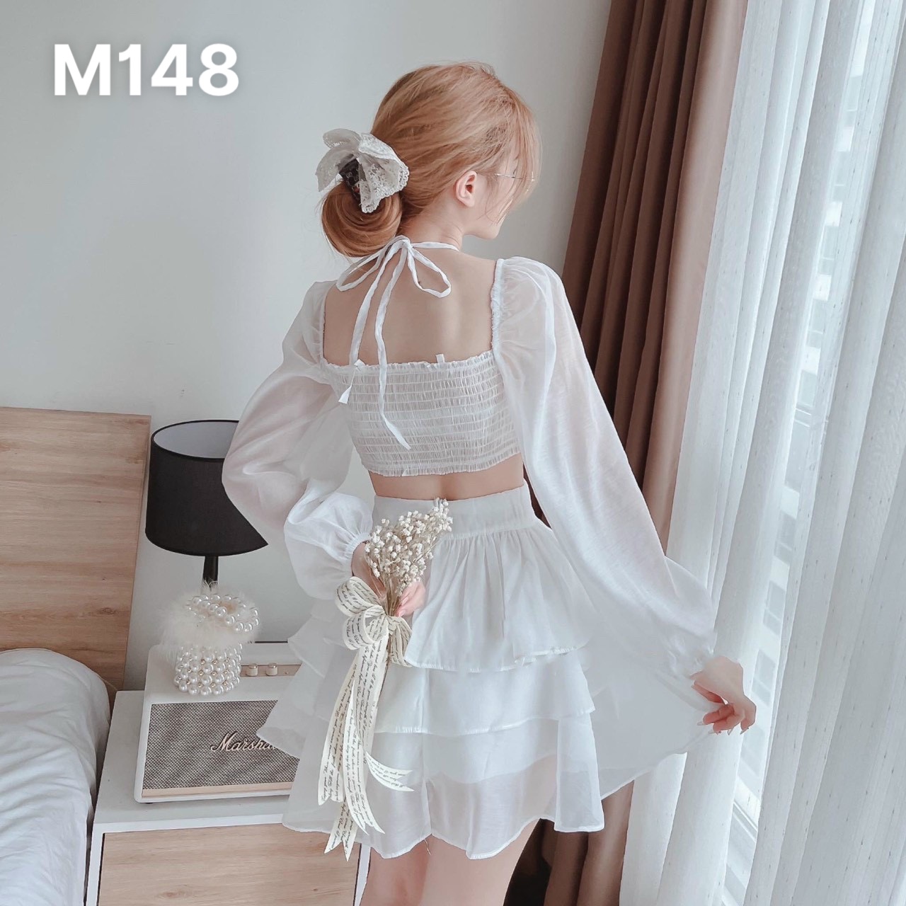 Đầm voan chiffon hở eo kèm dây có mút ngực M148