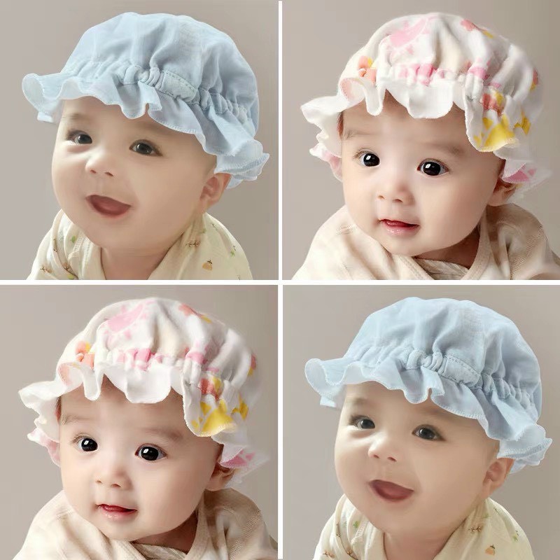 Mũ vải cotton nhún bèo cho bé gái từ 0-3 tháng. Nón sơ sinh.