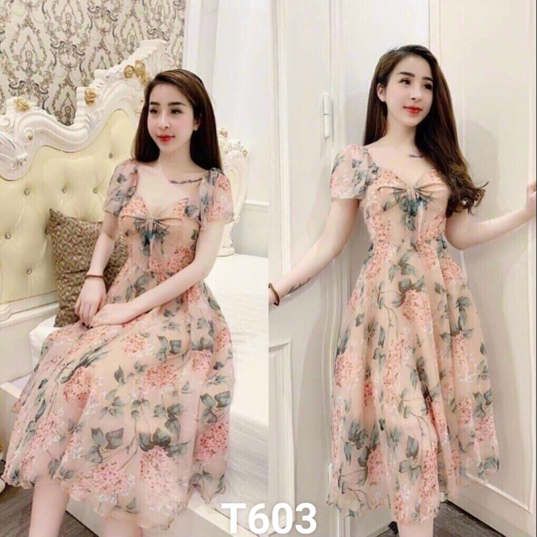 Đầm lụa hoa dáng xoè tay ngắn quá đẹp T603