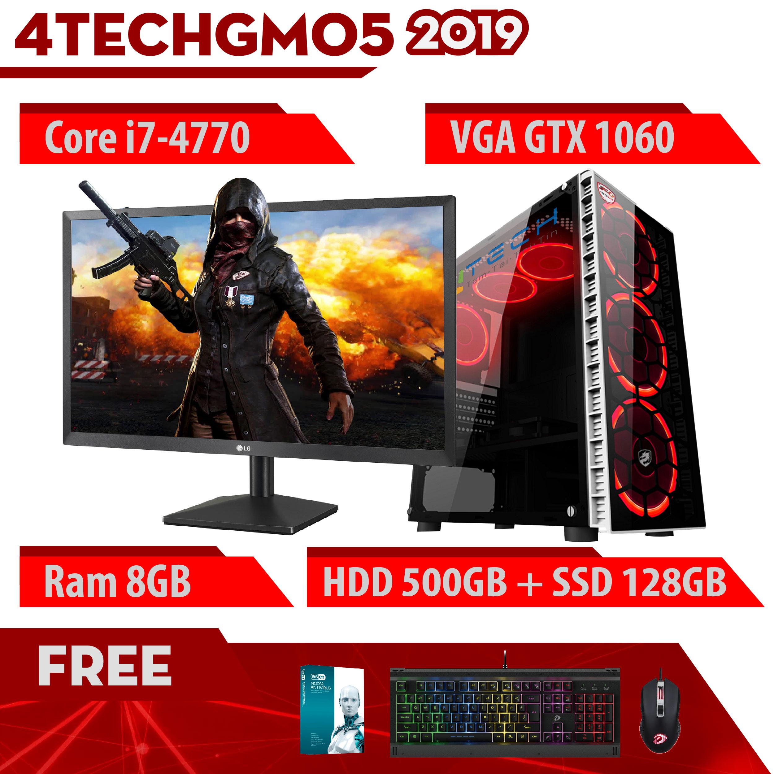 Máy Tính Chơi Game 4TechGM05 - 2019 Core i7-4770, Ram 8GB, HDD 500GB , SSD 120GB, VGA GTX 1060, Màn hình LG 24 inch - Tặng Bộ Phím Chuột Gaming DareU.