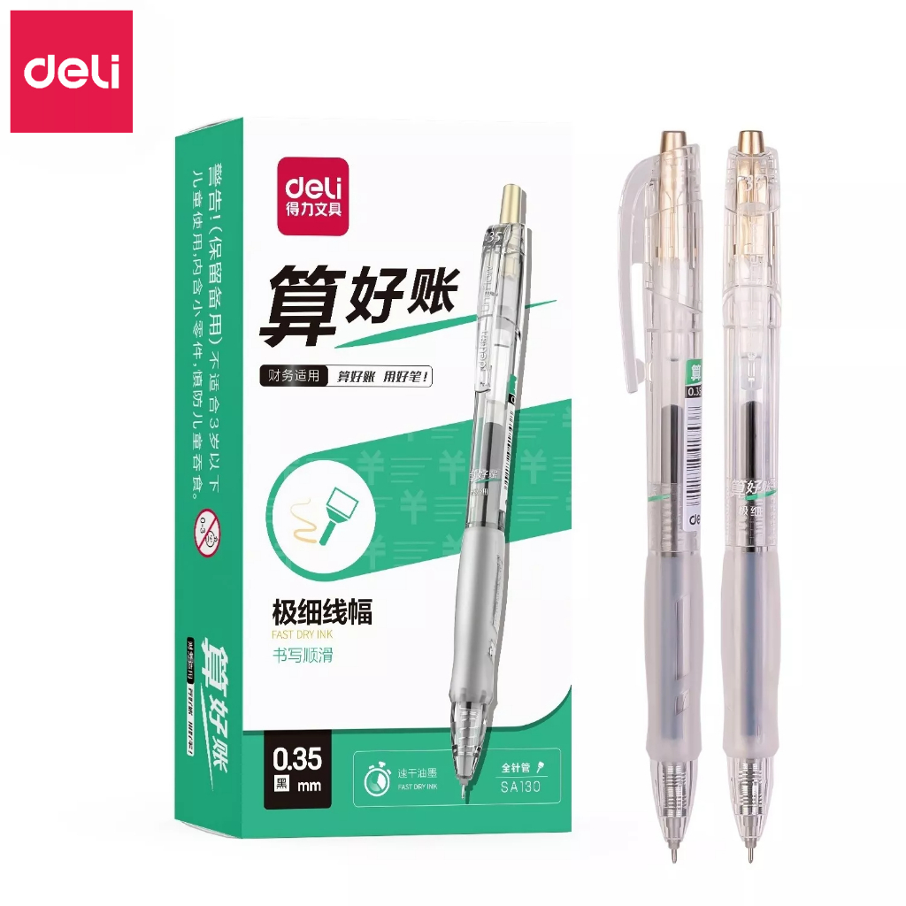 Combo 10 Bút Bi Bấm Mực Gel đen DELI ngòi 0.35mm, Kèm ngòi thay thế, Bút viết mực đen trơn tru, không tắc mực cho học sinh, văn phòng - SA130/A122