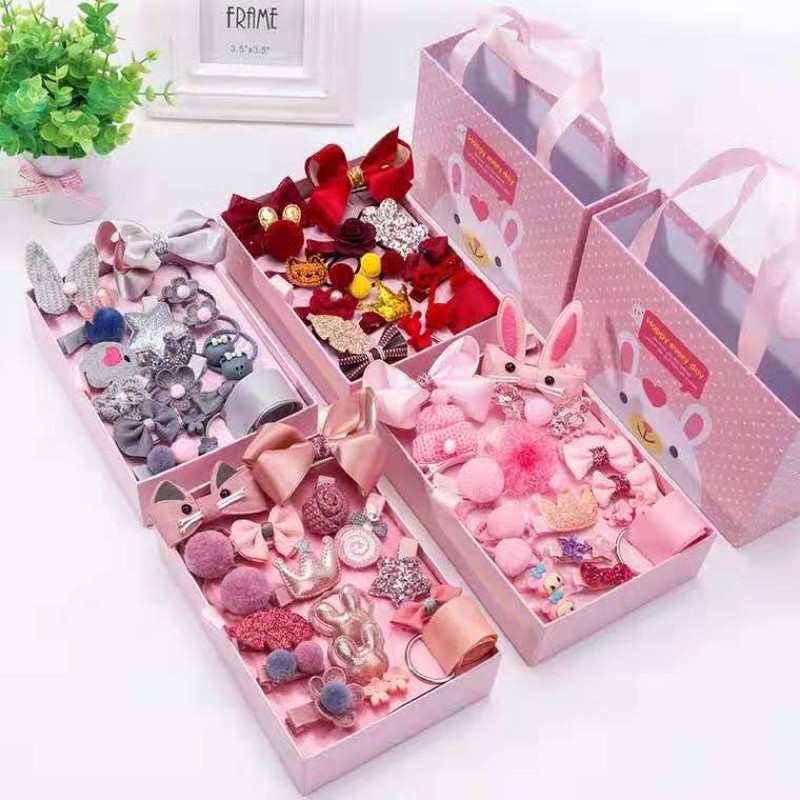 Set 18 món cột kẹp tóc cho bé (kèm hộp đựng)