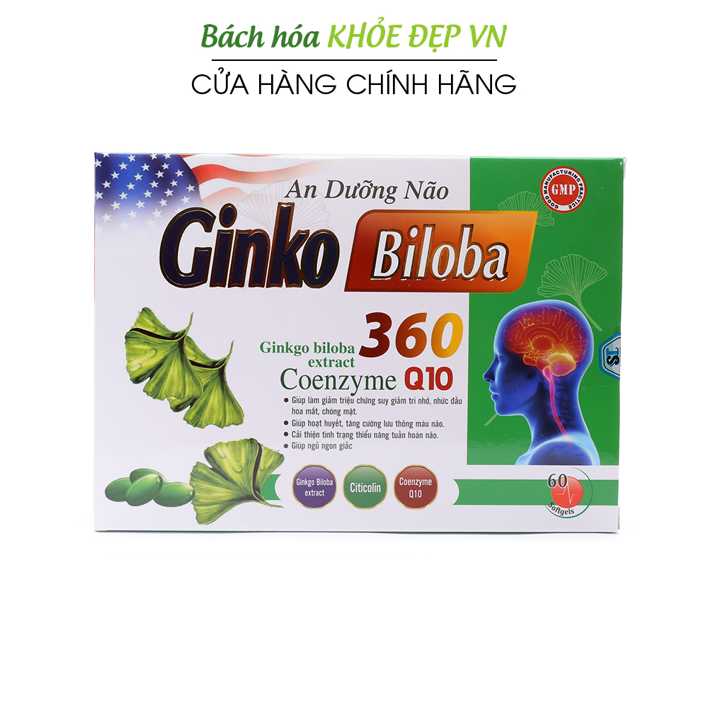 Hoạt huyết An Dưỡng Não Ginkgo Biloba 360mg giảm đau đầu hoa mắt chóng mặt rối loạn tiền đình - Hộp 60 viên