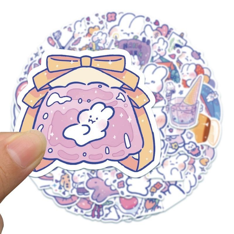 Set 50 sticker hình dán thỏ hồng chống thấm nước