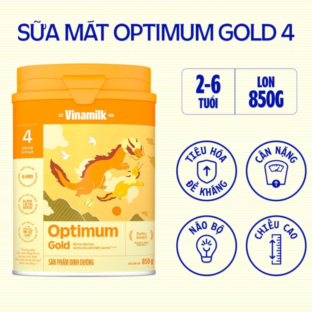 Sữa Bột Vinamilk Optimum Gold Số 4 - Hộp 850g (Cho trẻ 2~6 tuổi)
