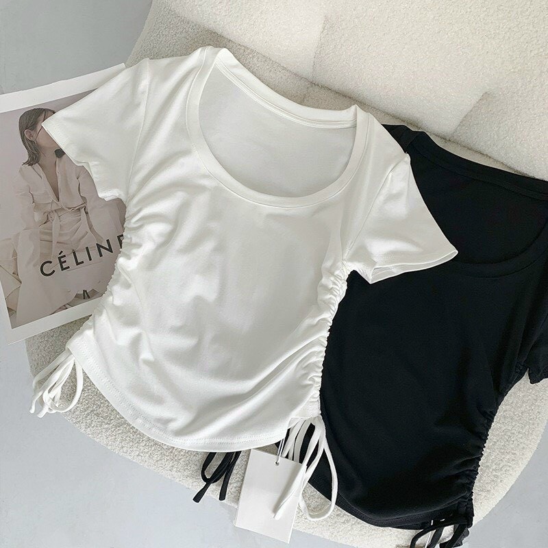 [Free Ship 2024] Áo thun kiểu rút dây 2 bên dáng ôm trơn , Áo thun rút dây 2 bên cổ tròn