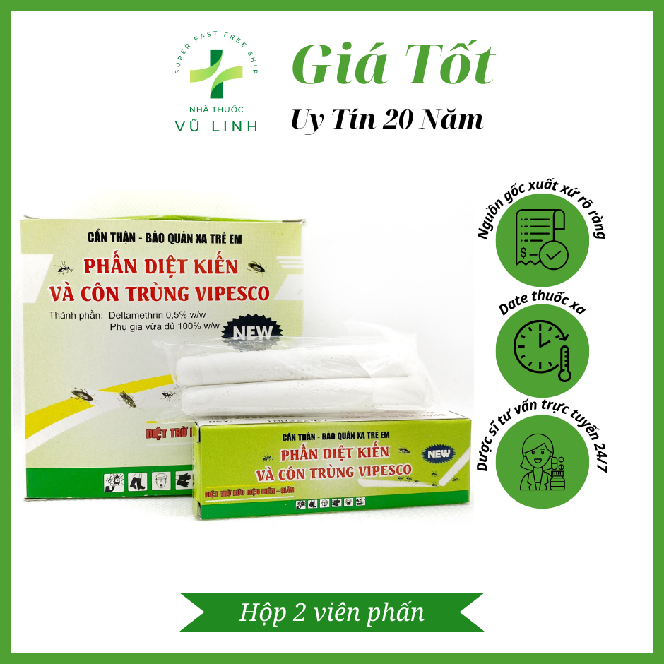 Phấn diệt kiến, gián, côn trùng Vipesco (Hộp 2 viên phấn)