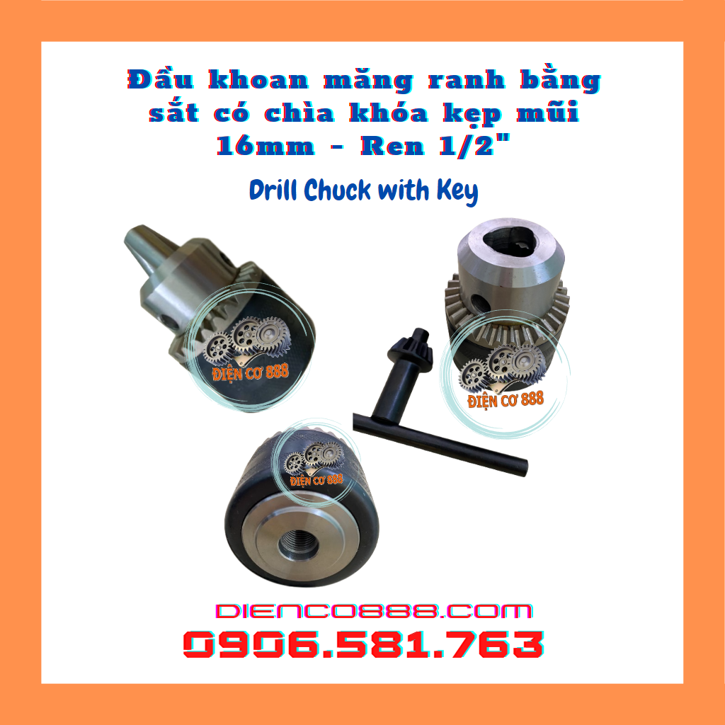 (Drill Chuck with Key) Đầu khoan măng ranh sắt 16mm M12 - Cốt ren 12,5mm kèm chìa khóa