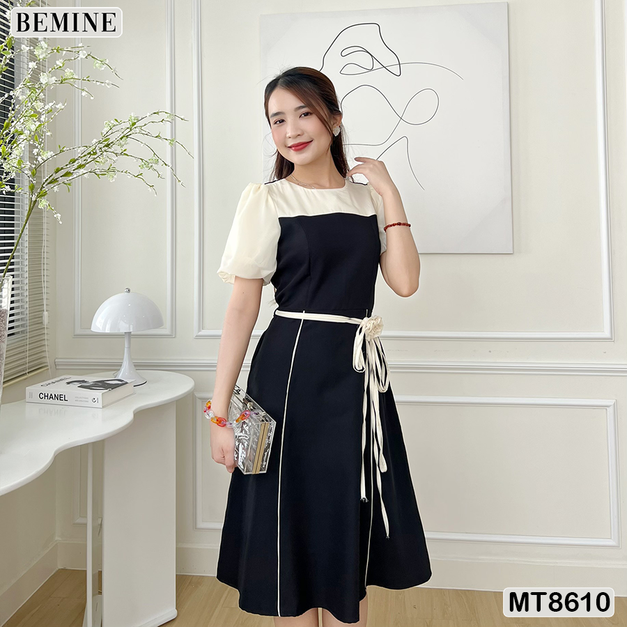 Đầm thiết kế phối tay phồng đính nơ eo BEMINE MT8610