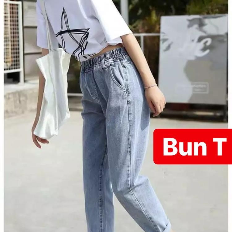QUẦN BAGGY JEAN NỮ CHẤT BÒ XANH LƯNG THUN LƯNG CẠP CHUN CAO NÂNG MÔNG HÀN QUỐC T&T-330 - TRANG BUN FASHION
