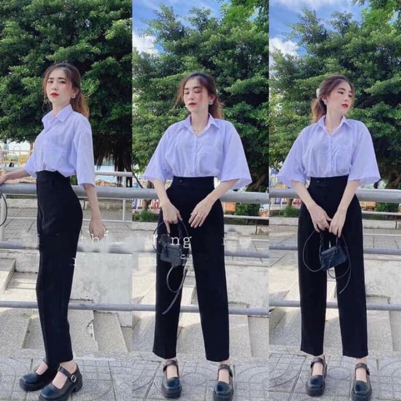 Quần baggy cạp cao có cúc - quần tây nữ