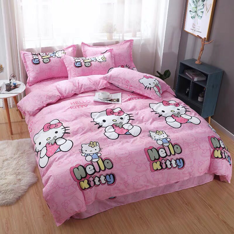 Trọn Bộ 4 Món Chăn Ga Gối Cotton Poly Nhập Mẫu HELLO KITTY