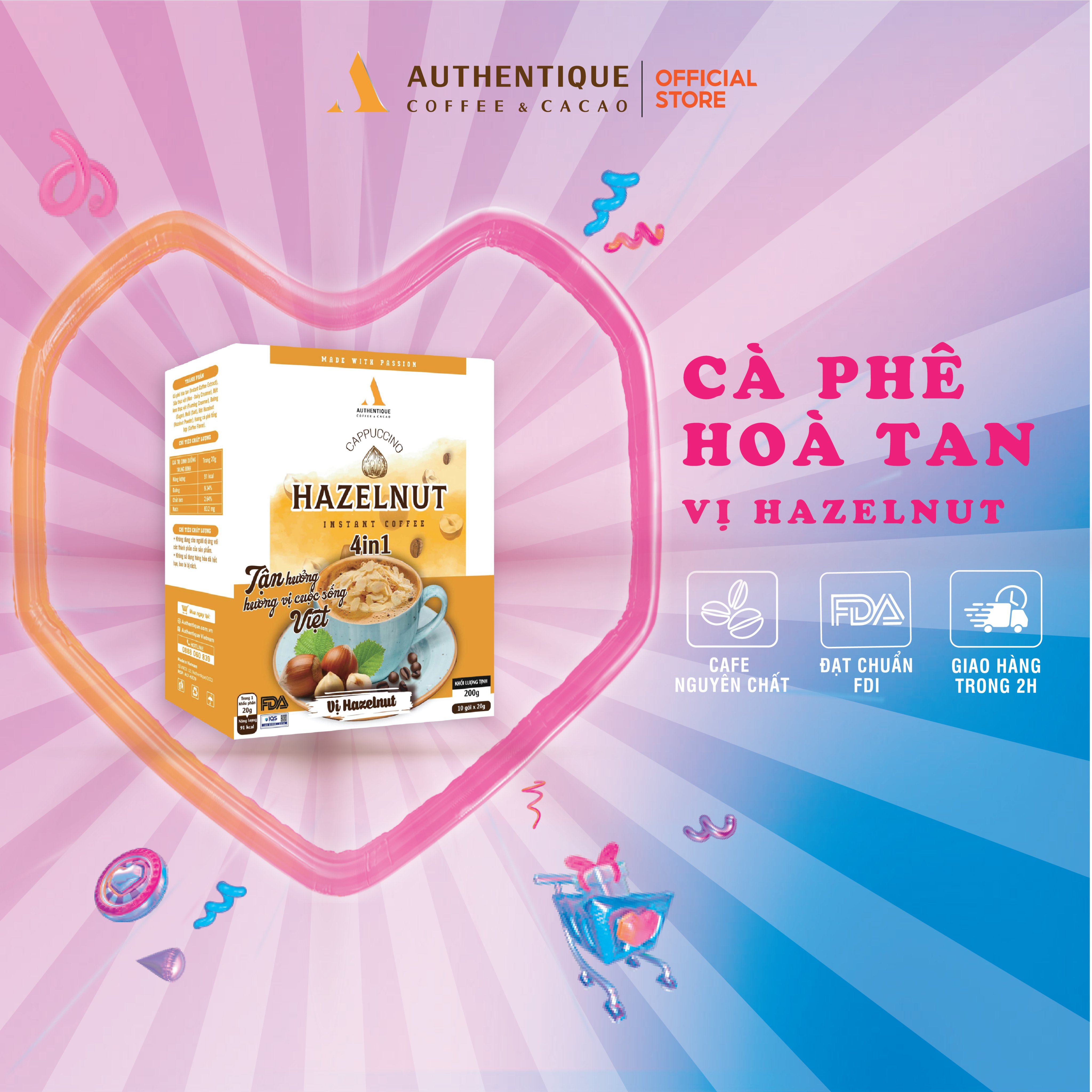 Cà phê hòa tan Authentique vị Hazelnut 4in1 (Hộp 10Gói x 20G) | Cappuccino Hazelnut Authentique Instant Coffee