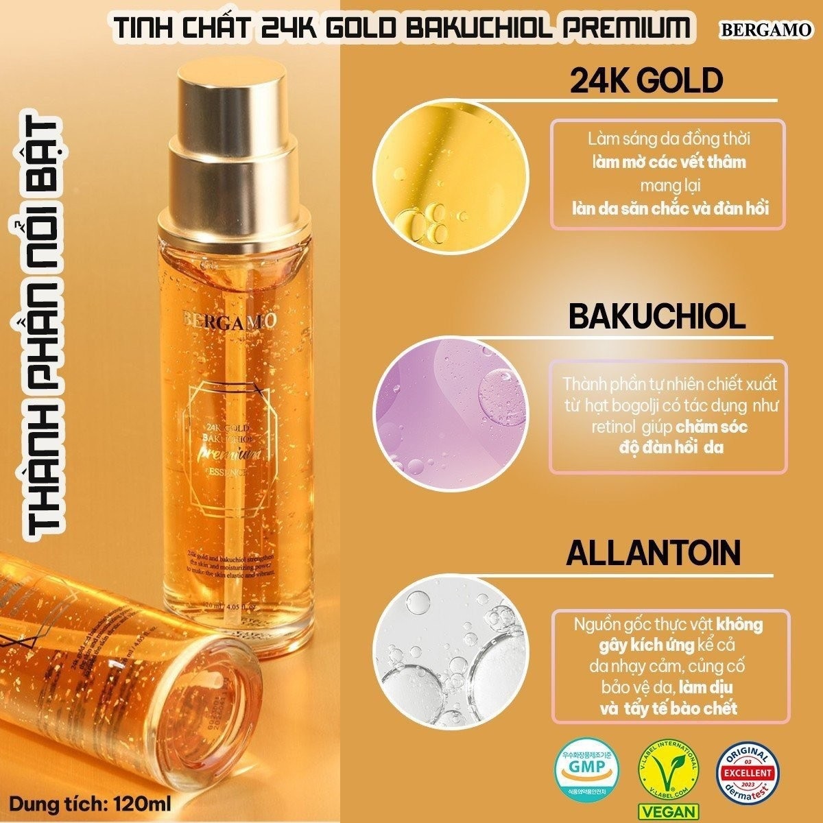 Tinh Chất Vàng 24K Giúp Nâng Cơ, Chống Lão Hóa Bergamo 24K Gold Bakuchiol Premium Essence 120ml