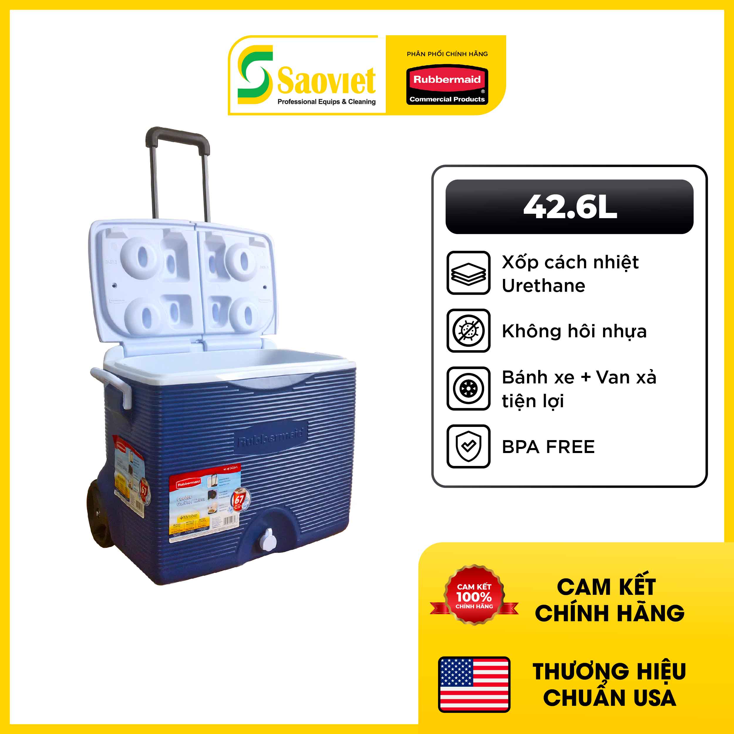 Thùng đá giữ nhiệt rubbermaid 42,6l có bánh xe to di chuyển và tay kéo vali tiện lợi | saovietco | fg2a9102modbl