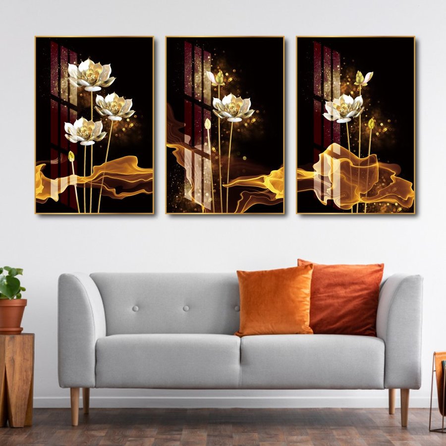 Lalashop - Tranh Hoa sen treo tường phòng khách có khung trang trí decor phòng khách phòng bộ 3 bức Tranh Canvas Tráng gương treo tường Hoa Sen nghệ thuật 3d hiện đại