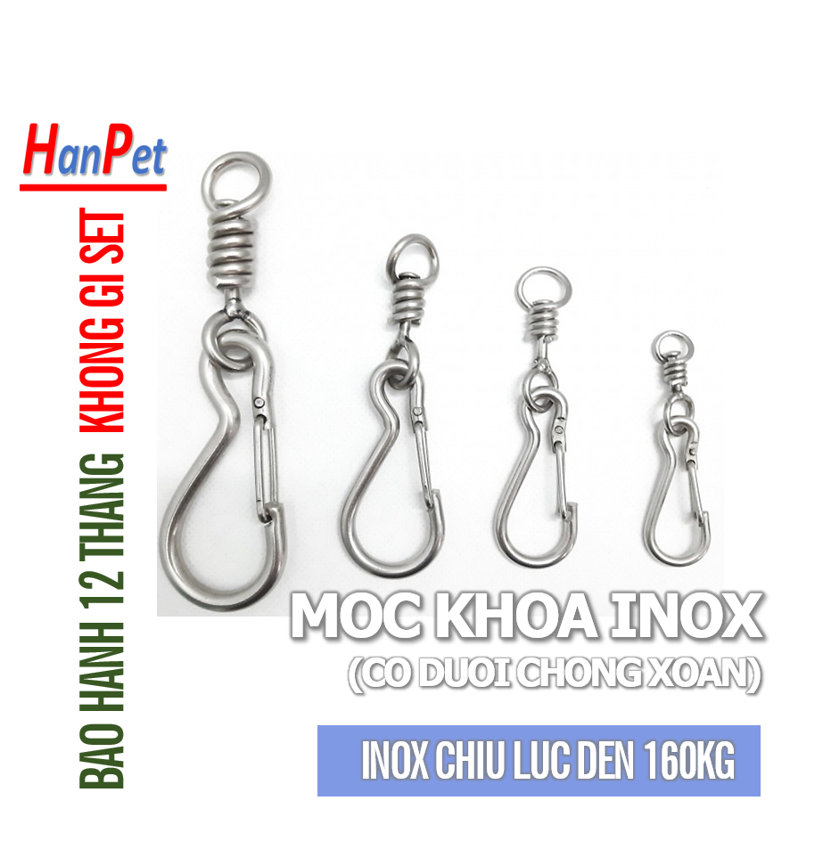 HN-1 chiếc - Móc khóa 4 size Inox 304 siêu cứng, móc xích inox có chống xoắn Móc inox có đuôi chống xoắn (Inox 304 nguyên chất) dùng cho dây dắt chó hoặc móc dây balo dã ngoại