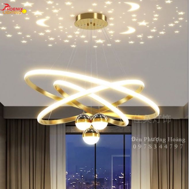 Đèn thả trần 3 vòng trang trí phòng khách LED 3 chế độ ánh sáng