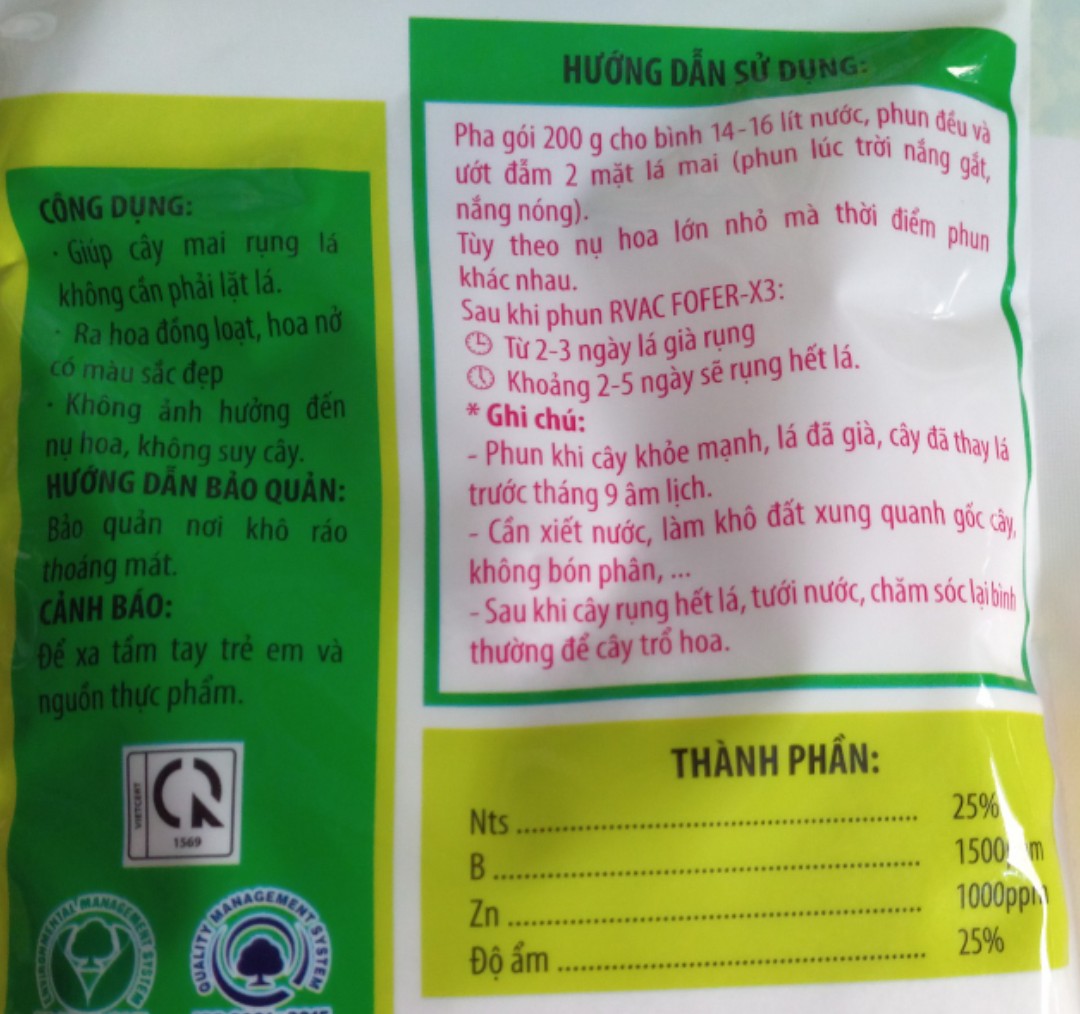 Rụng Lá Mai FOFER-X3 gói 200gr - Chế phẩm hổ trợ rụng lá mai - Không cần lặt tay