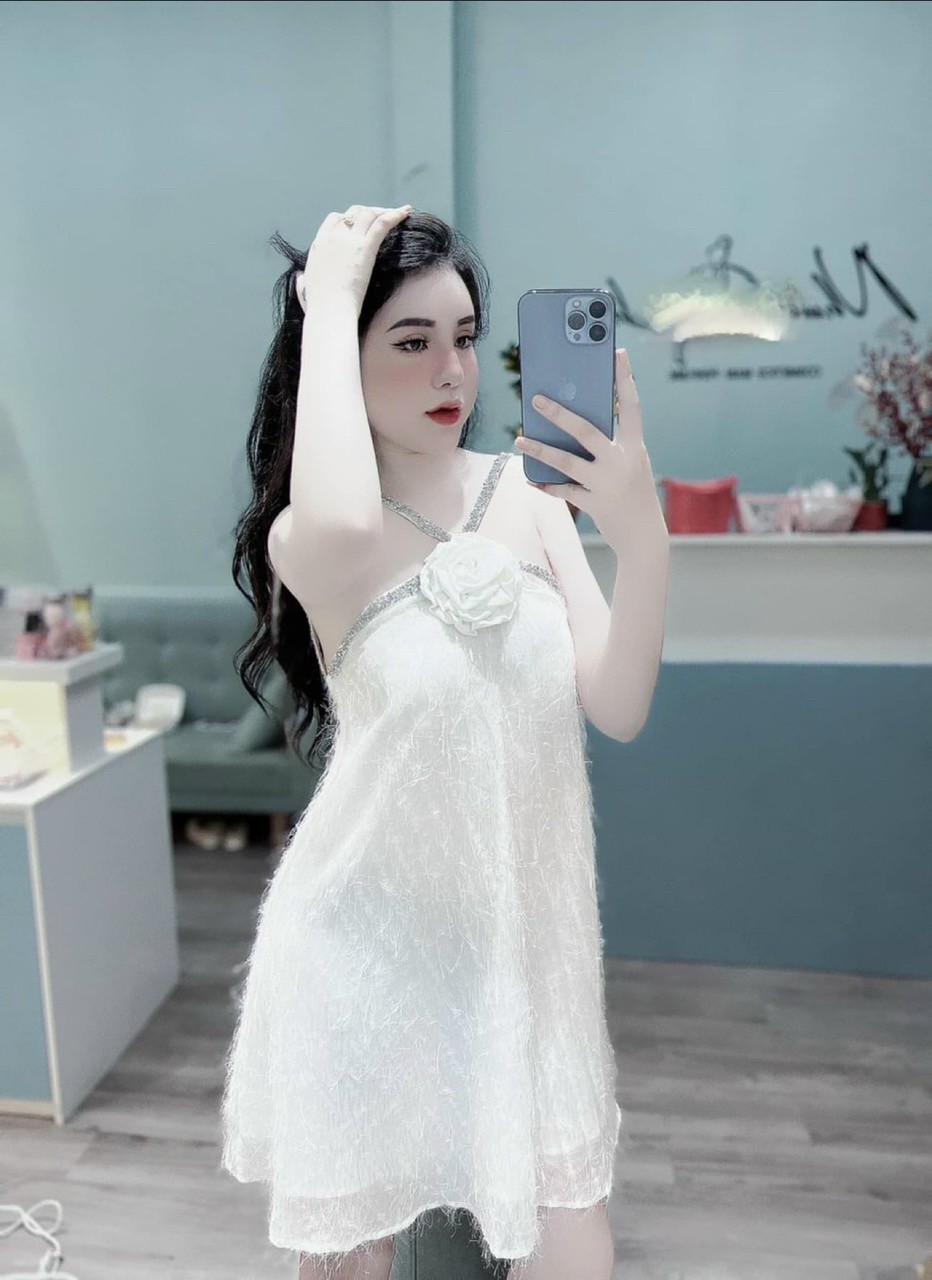 [Mới] Đầm Suông Lông Vũ Cổ Yếm Kết Bông (ảnh Thật)