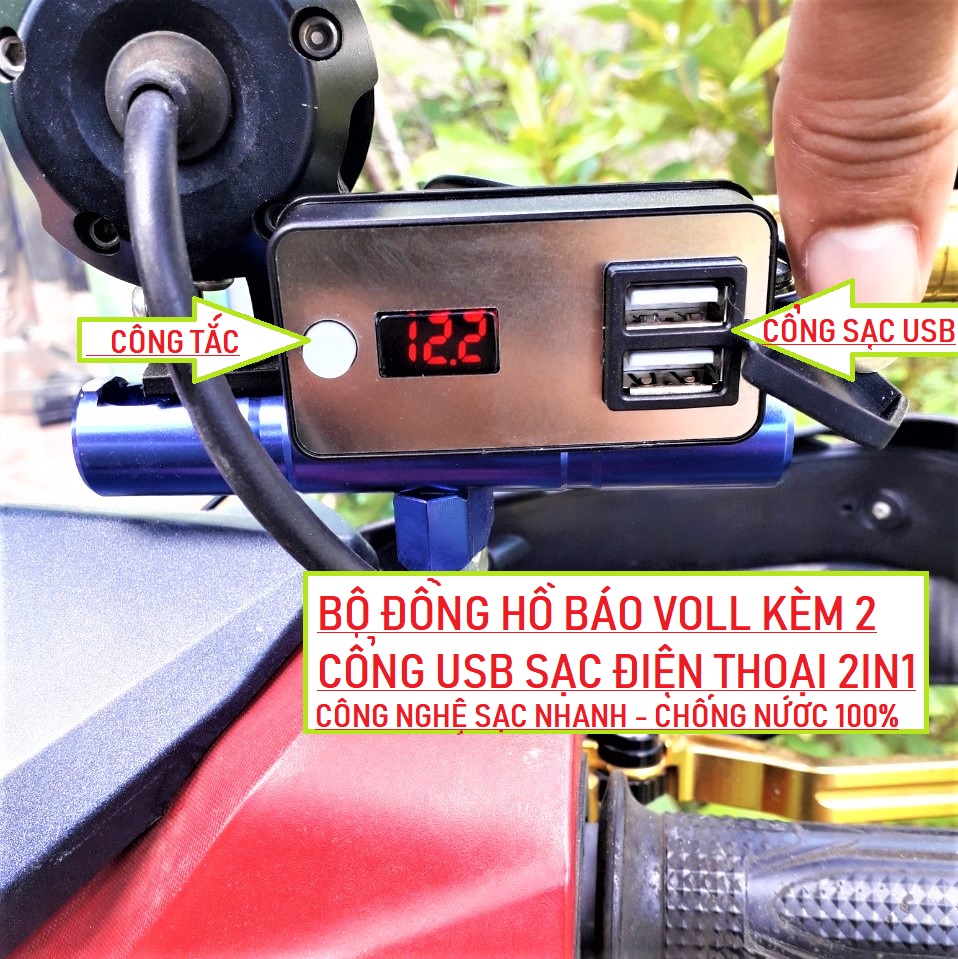 Sạc điện thoại xe máy+ báo vôn 2in1 mẫu hót mới , báo voll xe máy , đồng hồ báo điện bình ắc quy