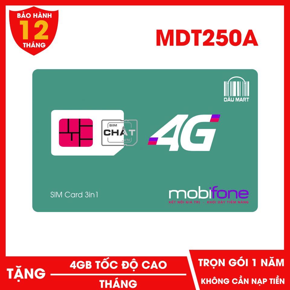 [HCM]Sim 3G 4G Mobifone Trọn Gói 1 Năm Không Cần Nạp Tiền MDT250A - Gói Cước MDT250A Miễn Phí 12 Tháng - Tặng 4GB / Tháng Dùng Cho Điện Thoại MTB USB 3G 4G - Dâu Mart