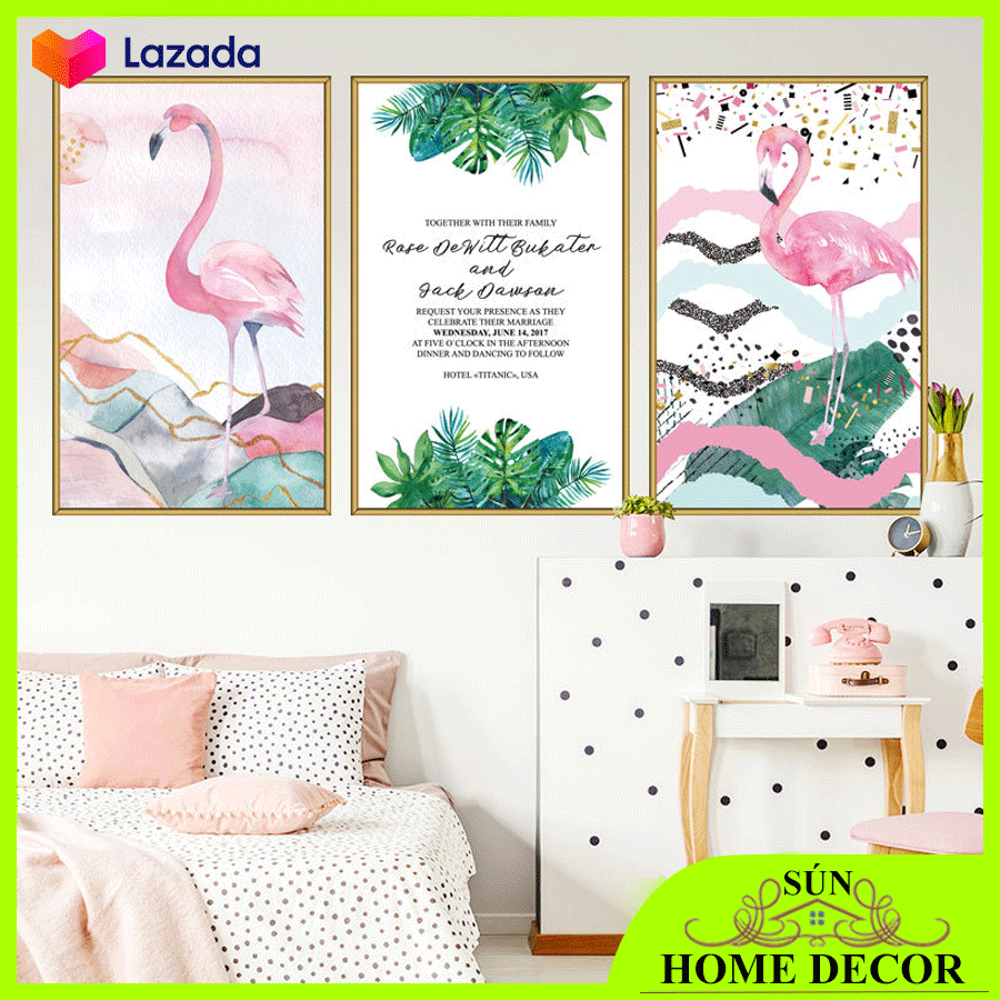 [SET 3 TRANH] Decal dán tường khung tranh bộ hạc hồng may mắn, tranh trang trí tường phòng khách, phòng ngủ cực phẩm