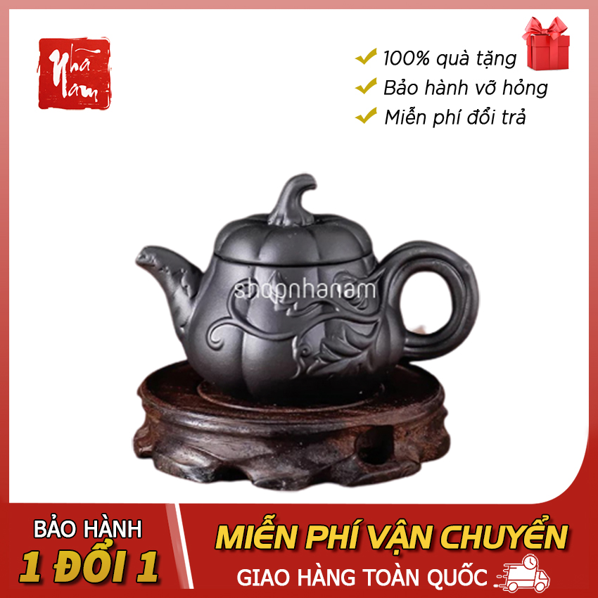 Ấm trà tử sa đắp phù điêu nổi họa tiết dáng quả bí ngô, ấm trà tử sa trà đạo - Phong thủy Nhã Nam