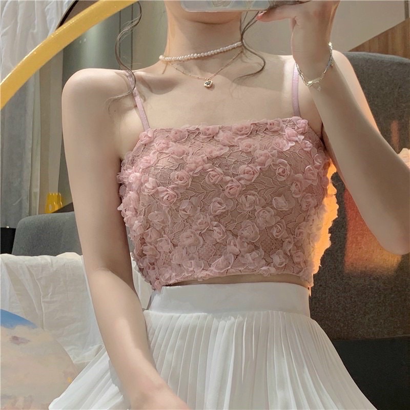 Áo 2 dây ren hoa hồng xinh xắn